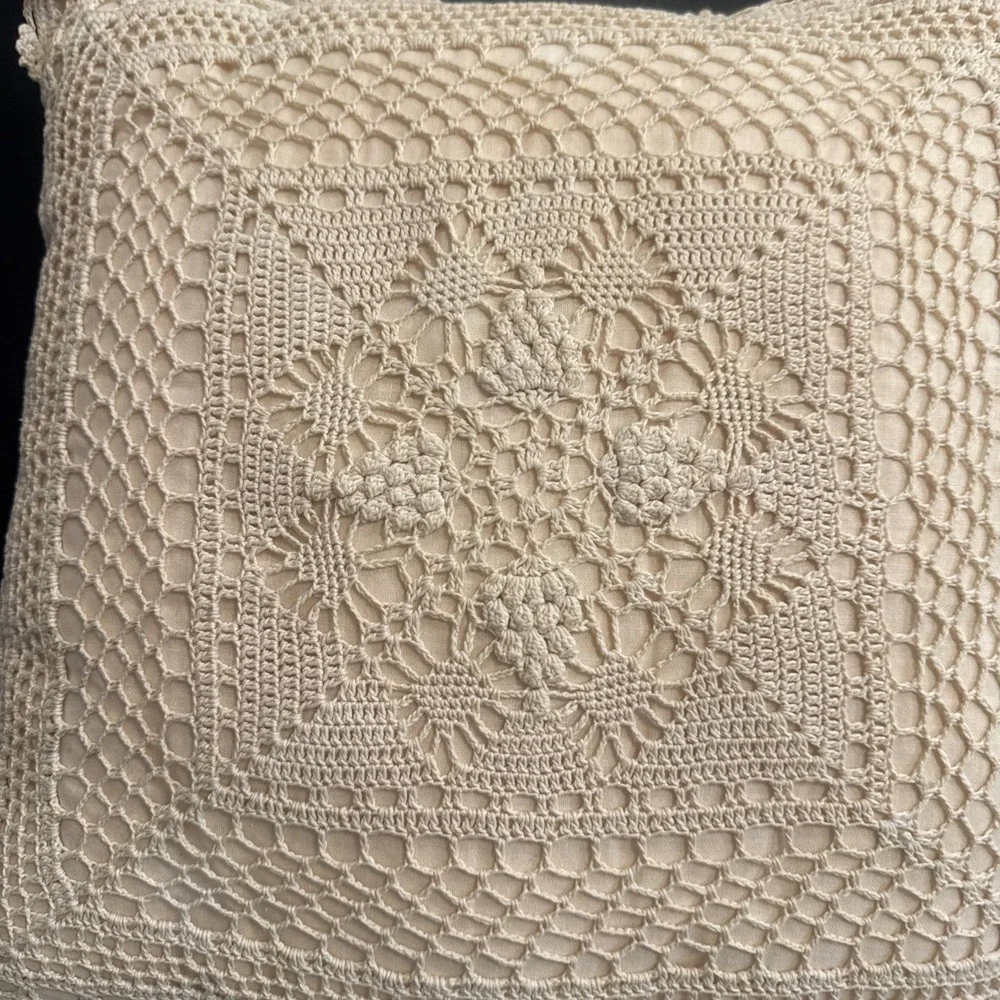 Crochet Lace Throw Pillow Cream Boho Cottage Farmhouse Textured Decor